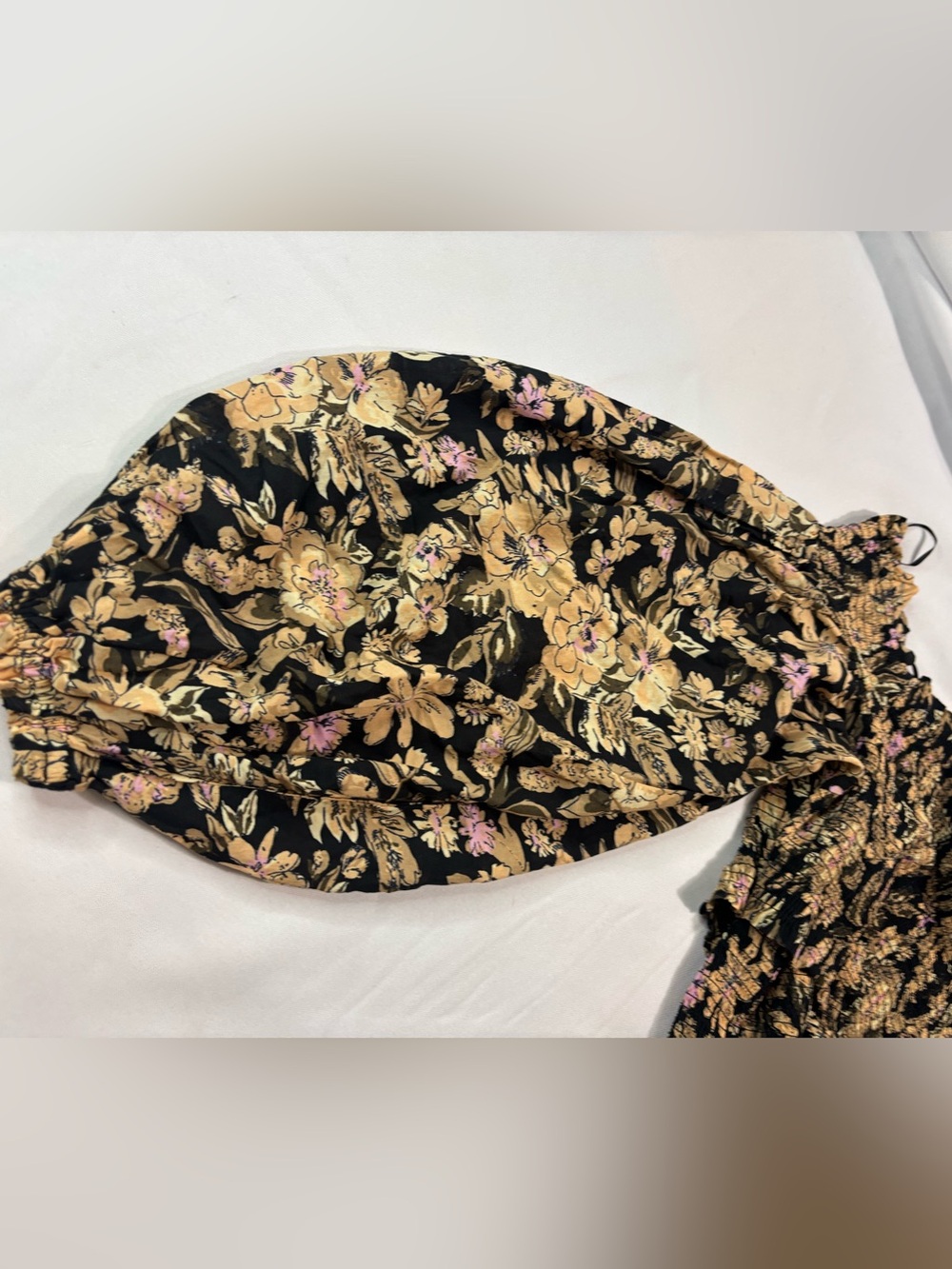 Free People Black Smocked Crop Top with Gold and Pink Floral Details - Picture 7 of 9